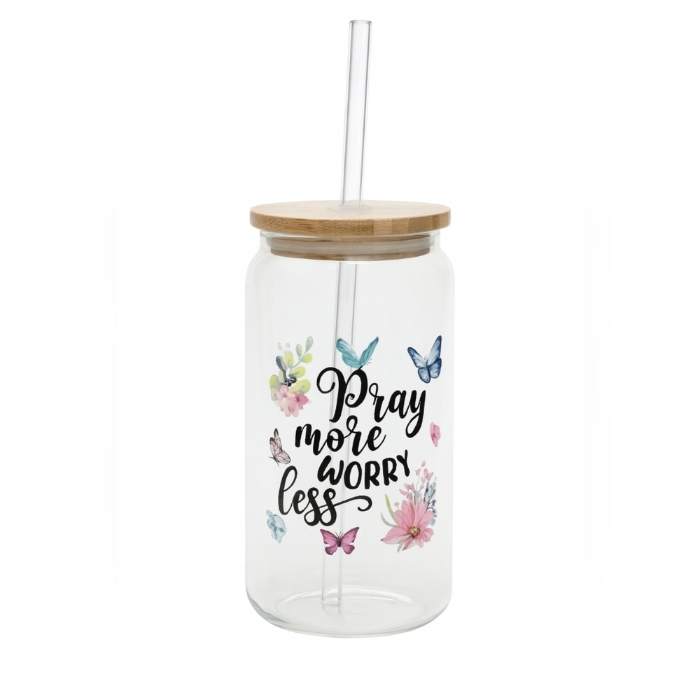 16oz Handmade Glass Tumbler – “Pray More Worry Less” with Bamboo Lid and Straw